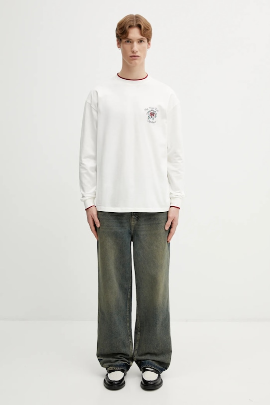 Bavlněné tričko s dlouhým rukávem Drôle de Monsieur Manches Longues Slogan Rose J.TS287.CO248.OW béžová