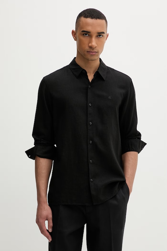 Calvin Klein πουκάμισο ανδρικό με λινό μαύρο LV04LE125G