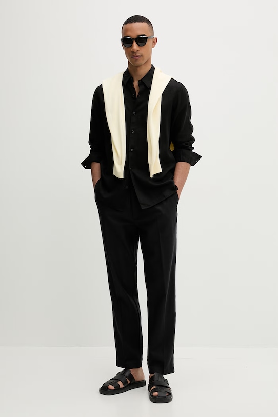 Calvin Klein πουκάμισο ανδρικό με λινό LV04LE125G μαύρο SS26