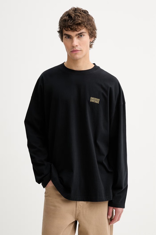 American Vintage longsleeve bawełniany nadruk czarny MGIX02B