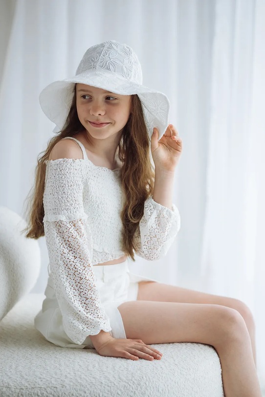 Dziewczynka Jamiks kapelusz z szerokim rondem dziecięcy bawełniany IRMA IRMA.Nakr.glow.JLI119.G biały