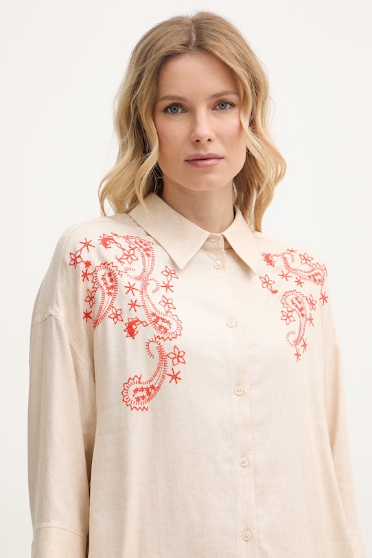 Mos Mosh koszula damska z dodatkiem lnu Audri beżowy 176960