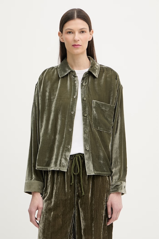 American Vintage bluză tip cămașă de damă din velur lung verde ANK06A