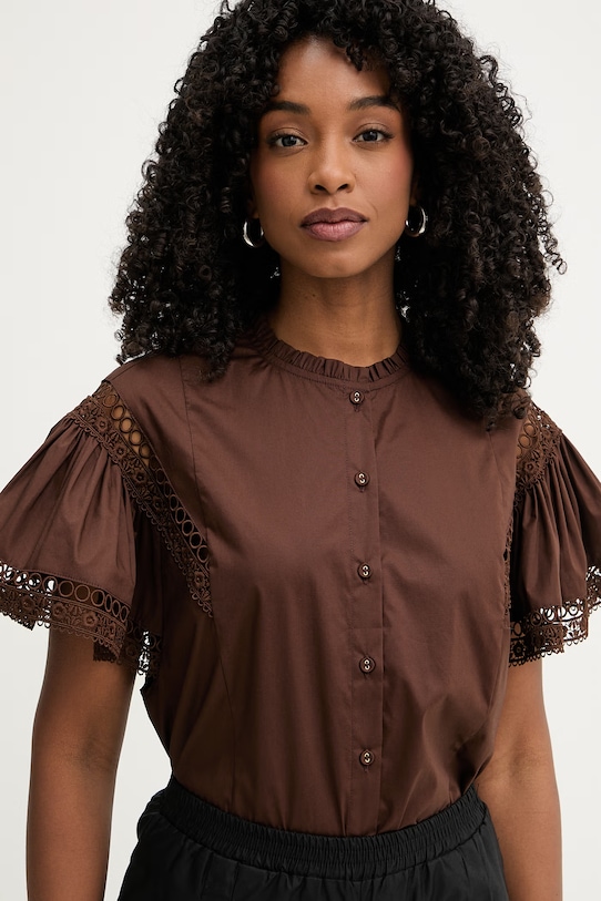 Twinset bluzka z falbanką damska bawełniana brązowy 261TT2251