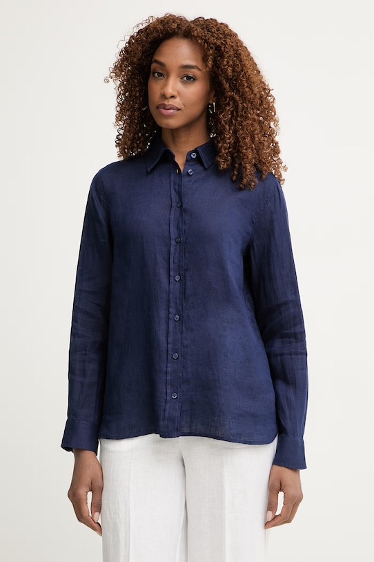 United Colors of Benetton košile dámská lněná námořnická modř 5BMLDQ0D9