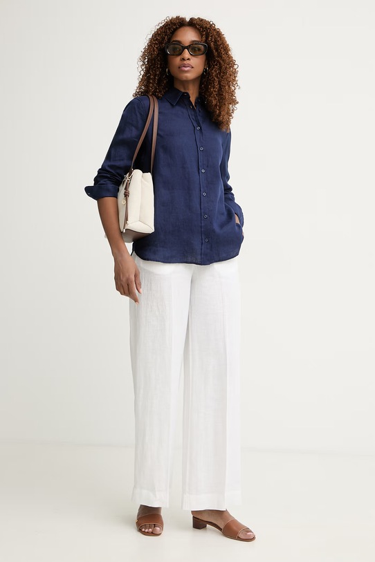 United Colors of Benetton košile dámská lněná 5BMLDQ0D9 námořnická modř SS26