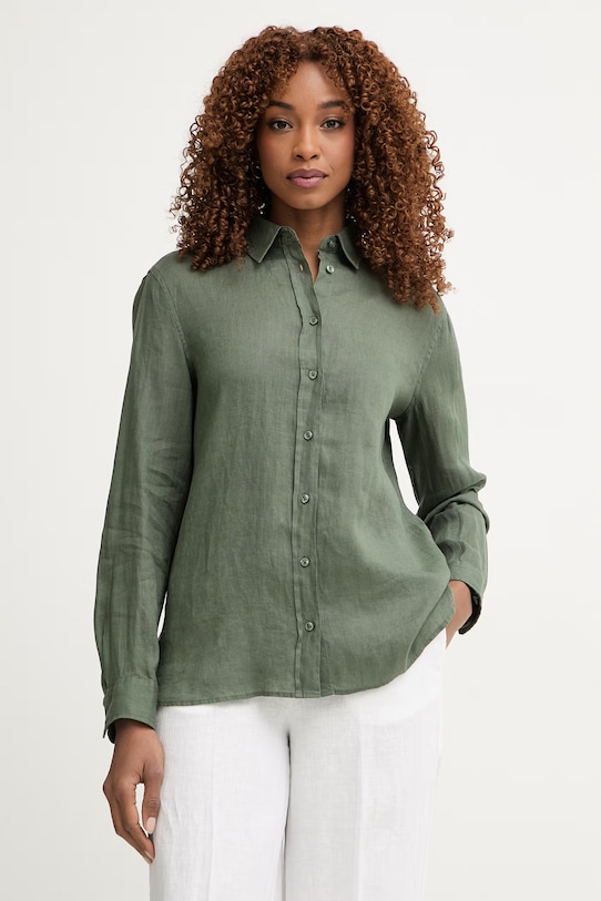 United Colors of Benetton košile dámská lněná zelená 5BMLDQ0D9