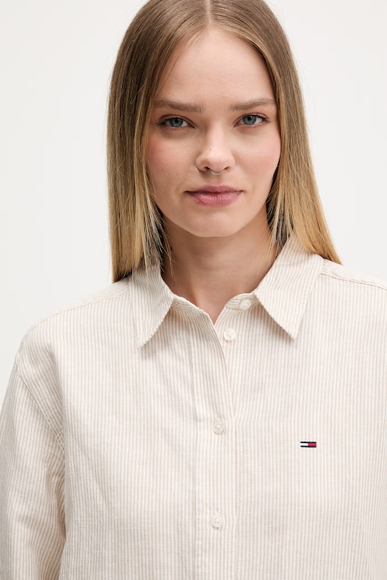 Tommy Jeans koszula damska z lnem beżowy DW0DW22209