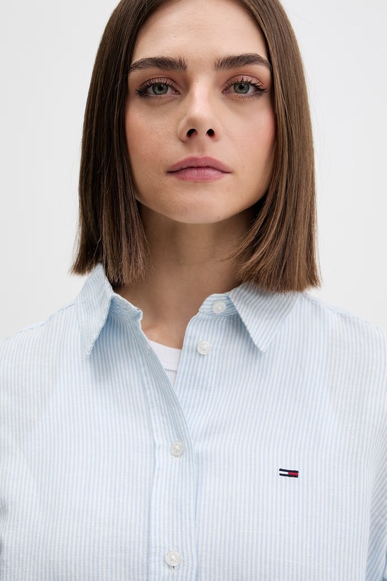 Tommy Jeans koszula damska z lnem niebieski DW0DW22209