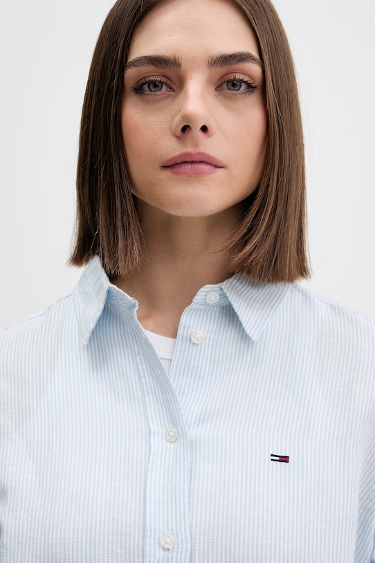 Tommy Jeans koszula damska z lnem niebieski DW0DW22209