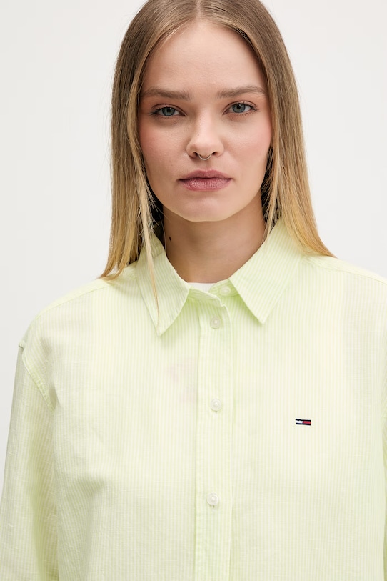Tommy Jeans koszula damska z lnem zielony DW0DW22209