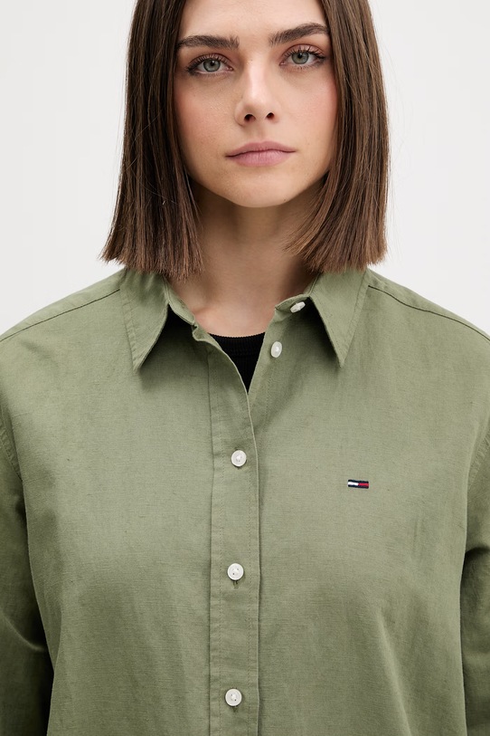 Tommy Jeans koszula damska z lnem zielony DW0DW22209