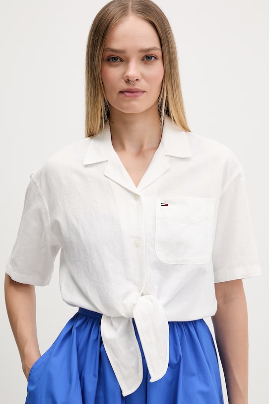 Tommy Jeans koszula damska z lnem beżowy DW0DW22210