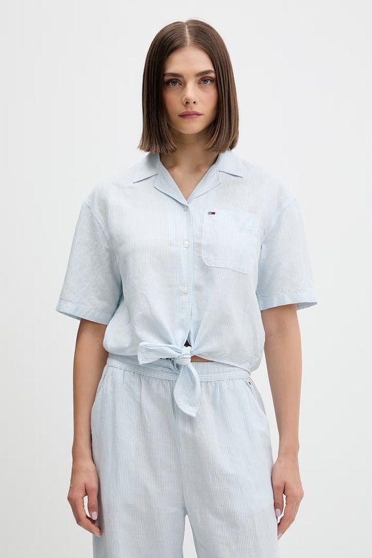 Tommy Jeans koszula damska z lnem niebieski DW0DW22210