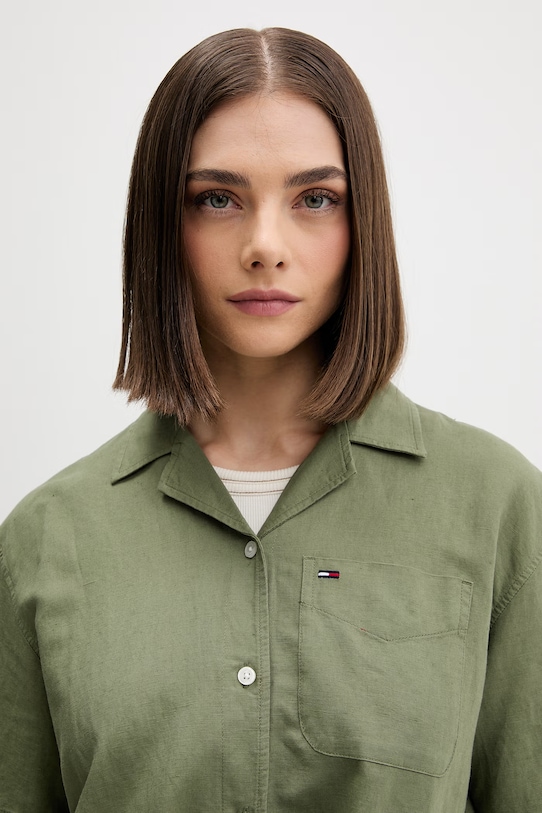 Tommy Jeans koszula damska z lnem zielony DW0DW22210