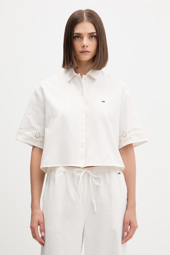 Odzież Tommy Jeans koszula damska z dodatkiem lnu DW0DW22214 beżowy