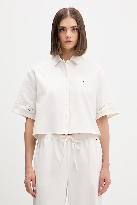 Odzież Tommy Jeans koszula damska z dodatkiem lnu DW0DW22214 beżowy