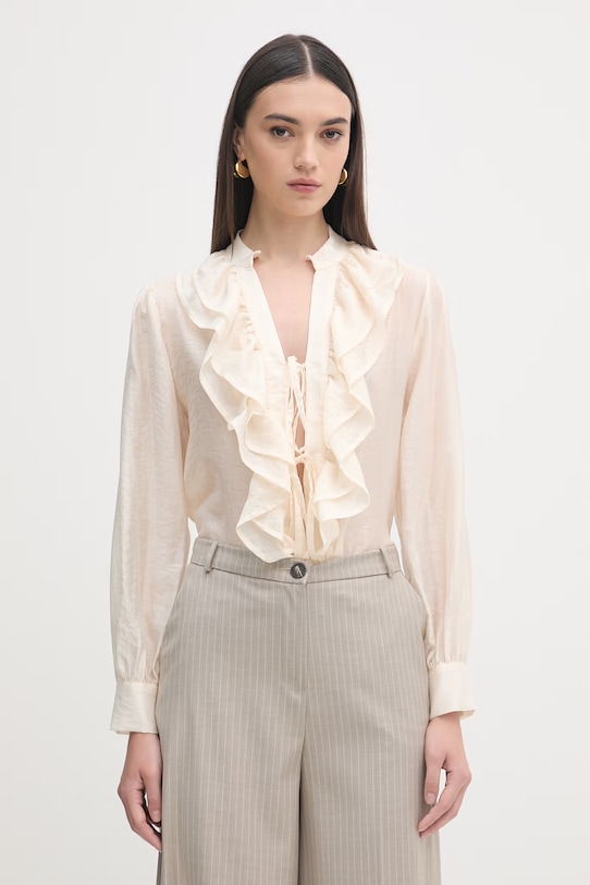 Haveone bluzka z falbanką damska z lyocellem beżowy CVE.Q033