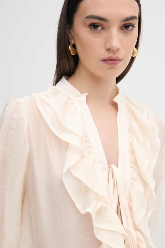 Haveone bluzka z falbanką damska z lyocellem beżowy CVE.Q033