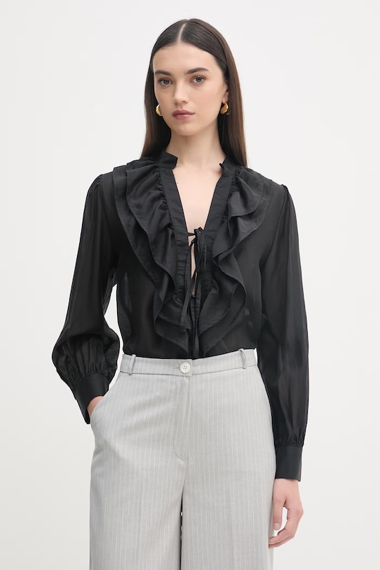 Haveone bluzka z falbanką damska z lyocellem czarny CVE.Q033