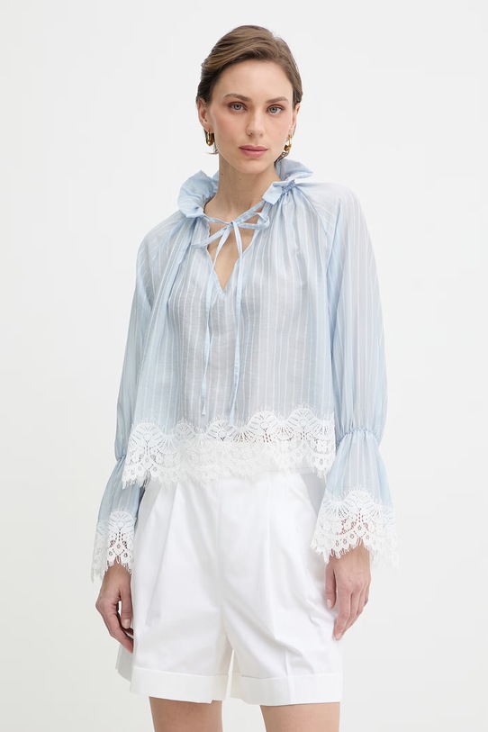Haveone bluzka z falbanką damska z lyocellem niebieski CMA.Q015