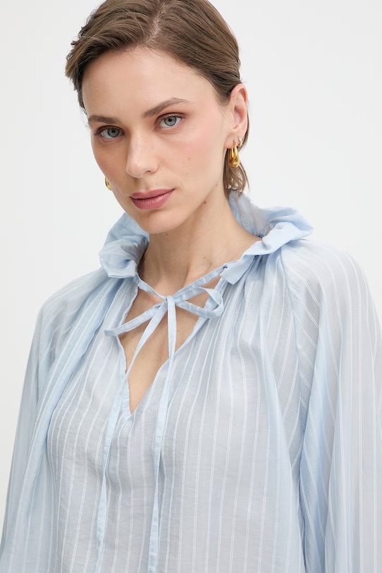 Haveone bluzka z falbanką damska z lyocellem niebieski CMA.Q015