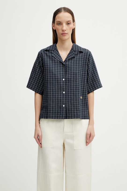 Wales Bonner London Bowling koszula z lnem damska granatowy WS26SH11.LI01.501