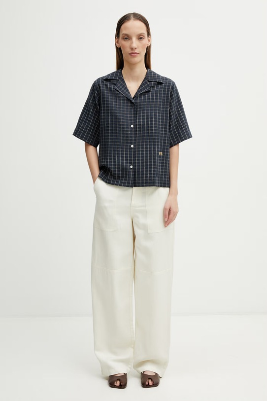 Wales Bonner London Bowling koszula z lnem damska WS26SH11.LI01.501 granatowy