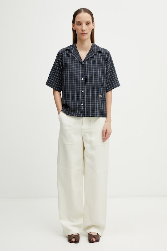 Wales Bonner London Bowling koszula z lnem damska WS26SH11.LI01.501 granatowy