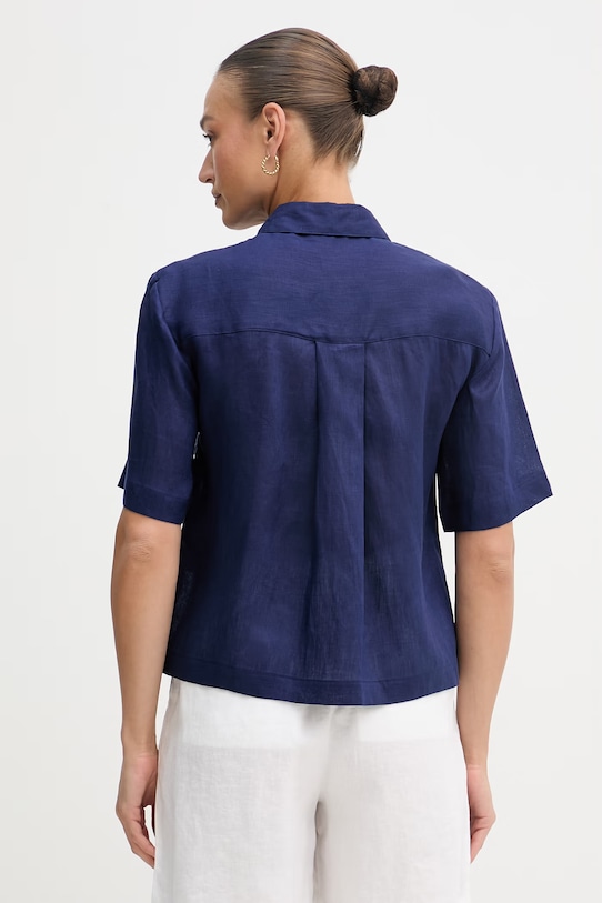 Ρούχα Sisley πουκάμισο γυναικείο λινό 51G1LQ08U σκούρο μπλε