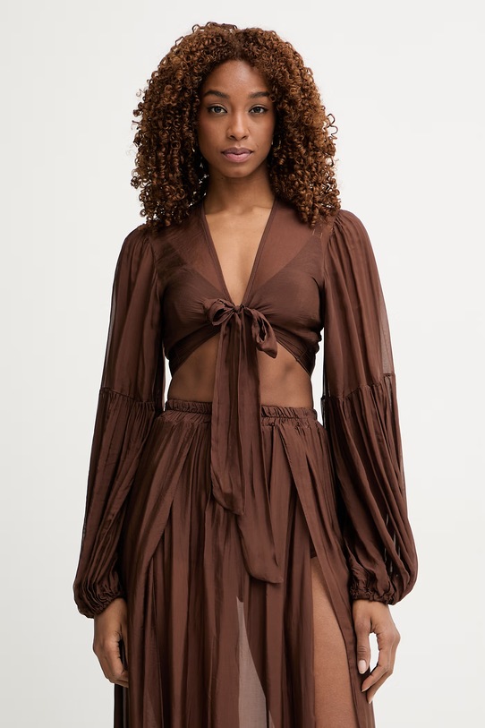 Haveone bluzka damska z dodatkiem jedwabiu brązowy CCH.Q003