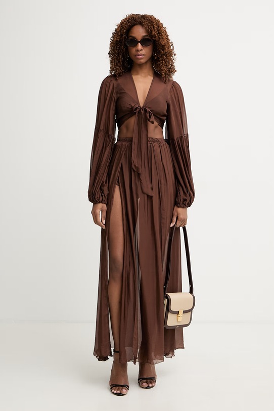 Haveone bluzka damska z dodatkiem jedwabiu CCH.Q003 brązowy SS26