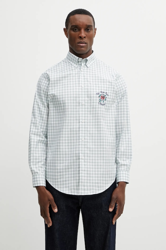 Drôle de Monsieur cotton shirt Chemise Carreaux Slogan Rose applique green J.SH240.CO228.GN