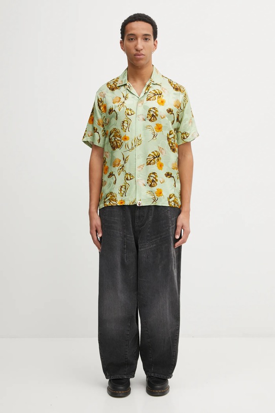 A Bathing Ape koszula z dodatkiem jedwabiu Vacation Pattern Open Collar 1L30132308 zielony