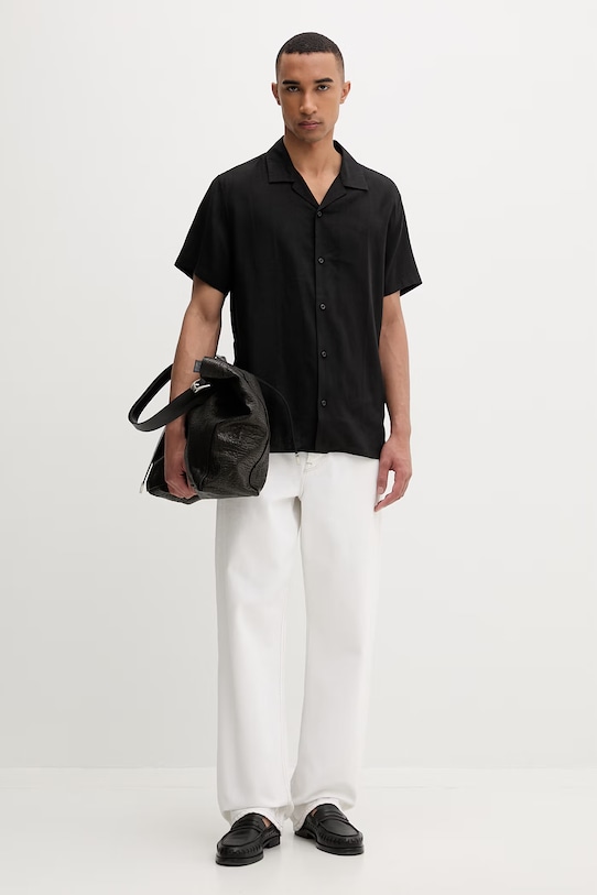 Calvin Klein cămașă bărbați de in LV04LF137G negru SS26