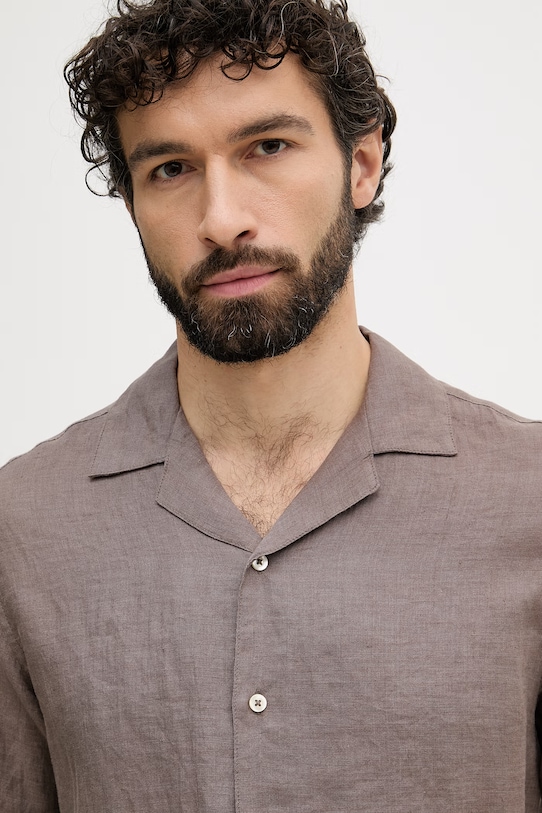 Oblečení United Colors of Benetton košile pánská lněná 5BKUUQ06S hnědá