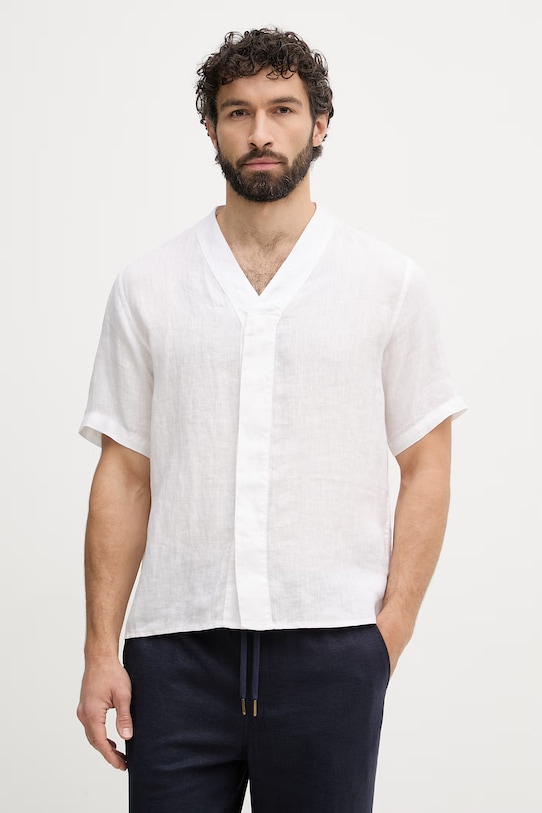 United Colors of Benetton риза мъжка от лен бял 5BKUUQ06X