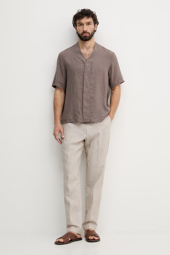 United Colors of Benetton košile pánská lněná 5BKUUQ06X hnědá SS26