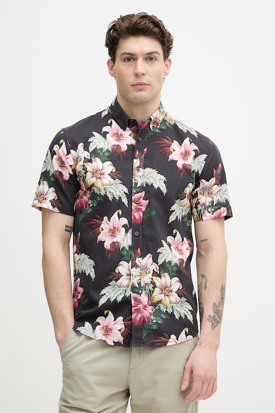 Lindbergh koszula męska z lnem czarny 30.222113