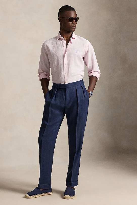 Ρούχα Polo Ralph Lauren πουκάμισο ανδρικό με λινό 710B16700 ροζ