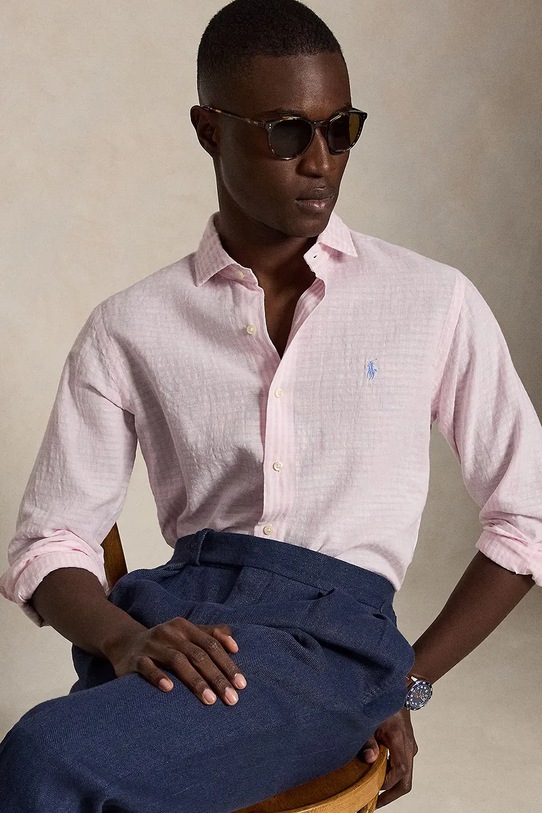 Polo Ralph Lauren πουκάμισο ανδρικό με λινό 710B16700 ροζ