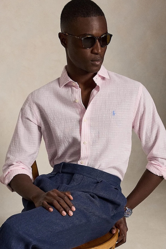Polo Ralph Lauren πουκάμισο ανδρικό με λινό 710B16700 ροζ