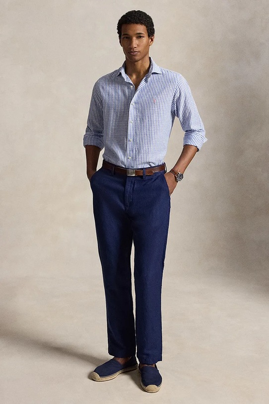 Ρούχα Polo Ralph Lauren πουκάμισο ανδρικό με λινό 710B16700 μπλε