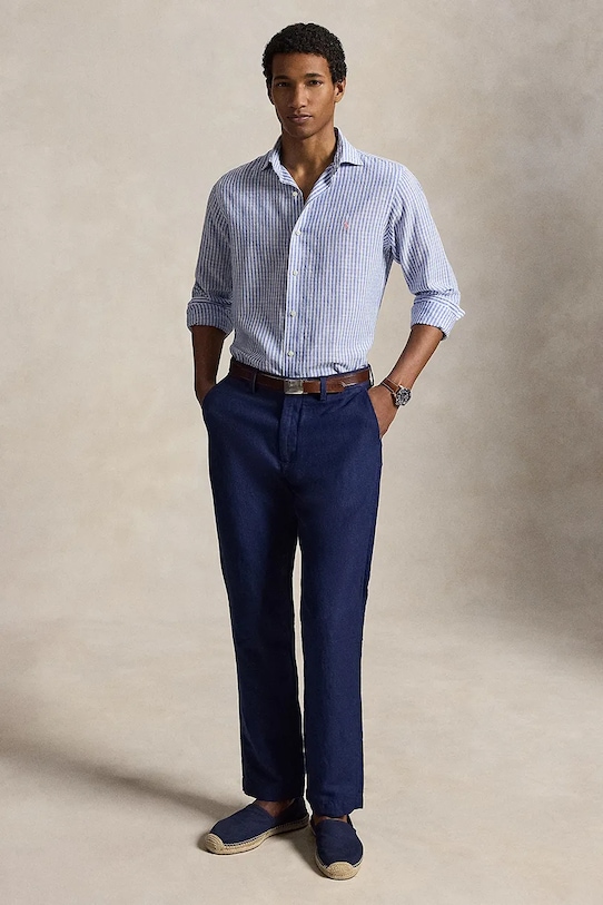 Ρούχα Polo Ralph Lauren πουκάμισο ανδρικό με λινό 710B16700 μπλε