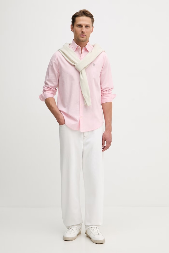 Košeľa s prímesou ľanu U.S. Polo Assn. LINEN BLEND LS MUP3248 ružová SS26