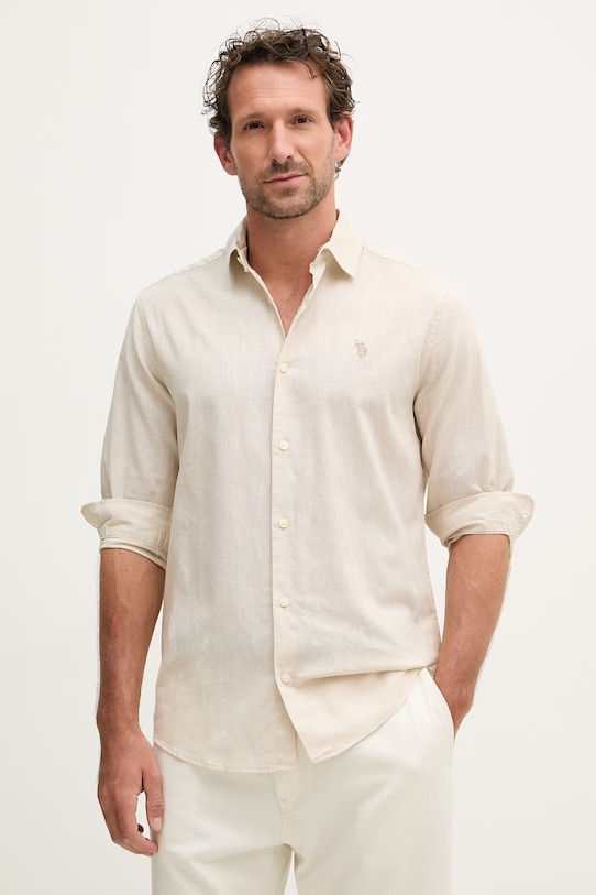 U.S. Polo Assn. koszula z dodatkiem lnu LINEN BLEND LS regular beżowy MUP3248