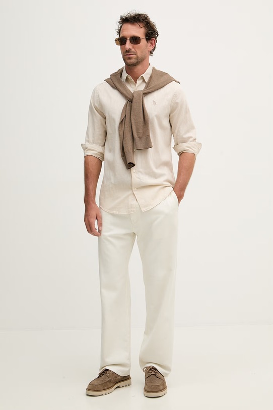 U.S. Polo Assn. koszula z dodatkiem lnu LINEN BLEND LS MUP3248 beżowy SS26