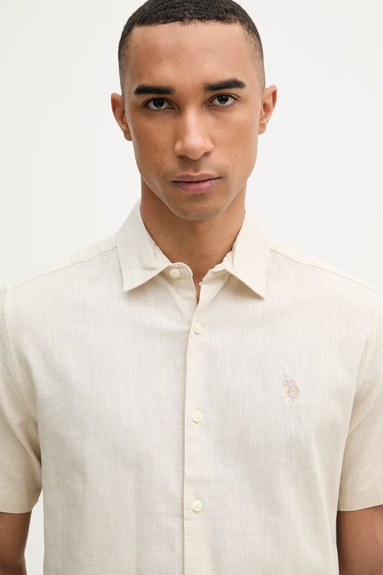 U.S. Polo Assn. koszula safari męska z lnem LINEN BLEND SS beżowy MUP3254.J54