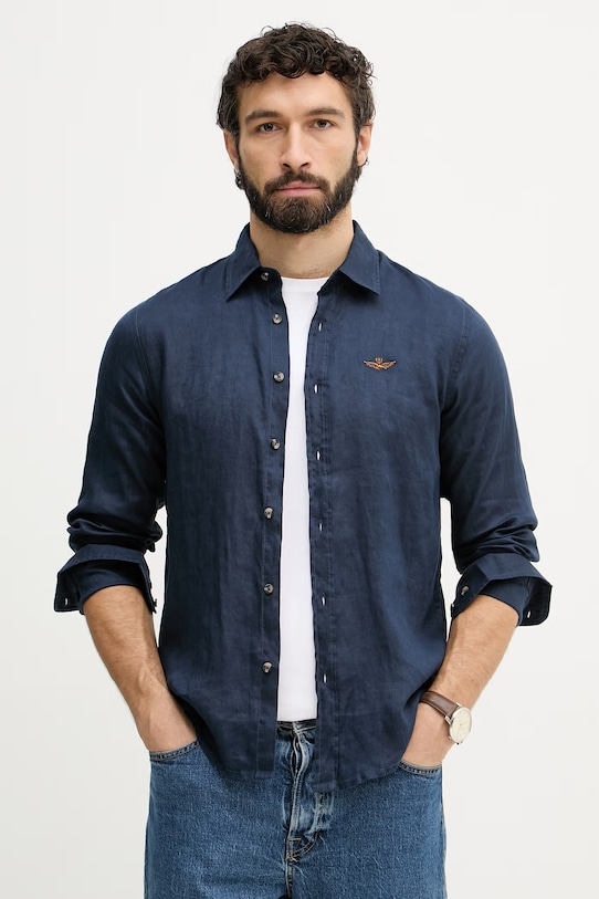 Aeronautica Militare camicia di lino semplice blu navy CA1321UCT03089