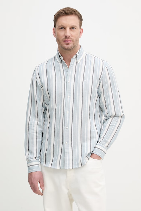 BOSS Orange koszula męska z lnem niebieski 50559324